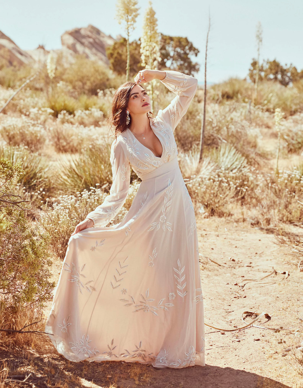 BHLDN Belize Wedding Dress Champagne Embroidered Long Sleeve V Neck Gown Size 6